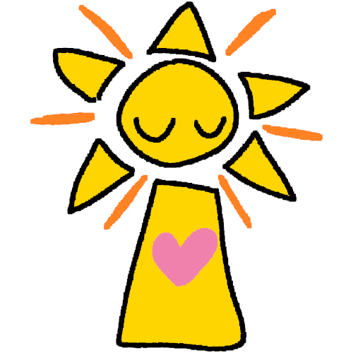 a yellow person with eyes closed and their head surrounded by five yellow triangles and 5 orange lines pointing outwards, mimicking the appearance of the sun. on their chest is a pink heart.